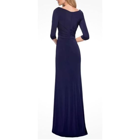 La Femme Ruched Jersey Column Gown in Navy Blue NWOT Size 10 - Picture 2 of 6